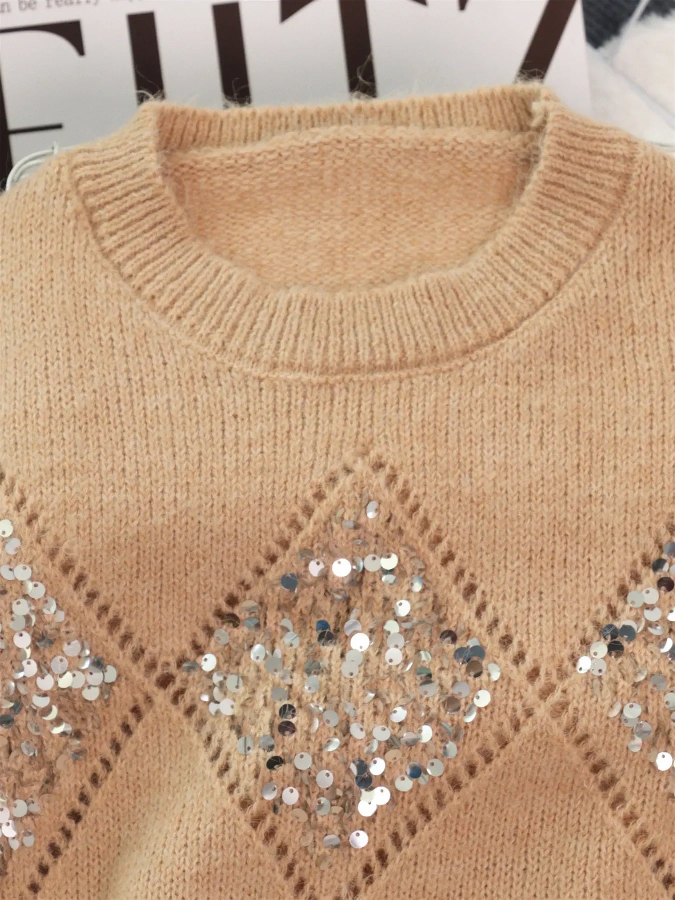 Sequined Diamond Pattern Oversized Sweater - Southern Shores Clothing
