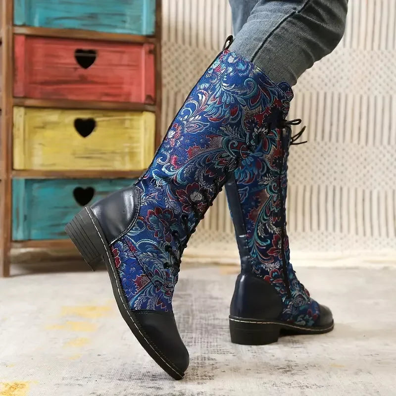 Embroidered Lace-Up Knee-High Boots With Mid Heel - Southern Shores Clothing