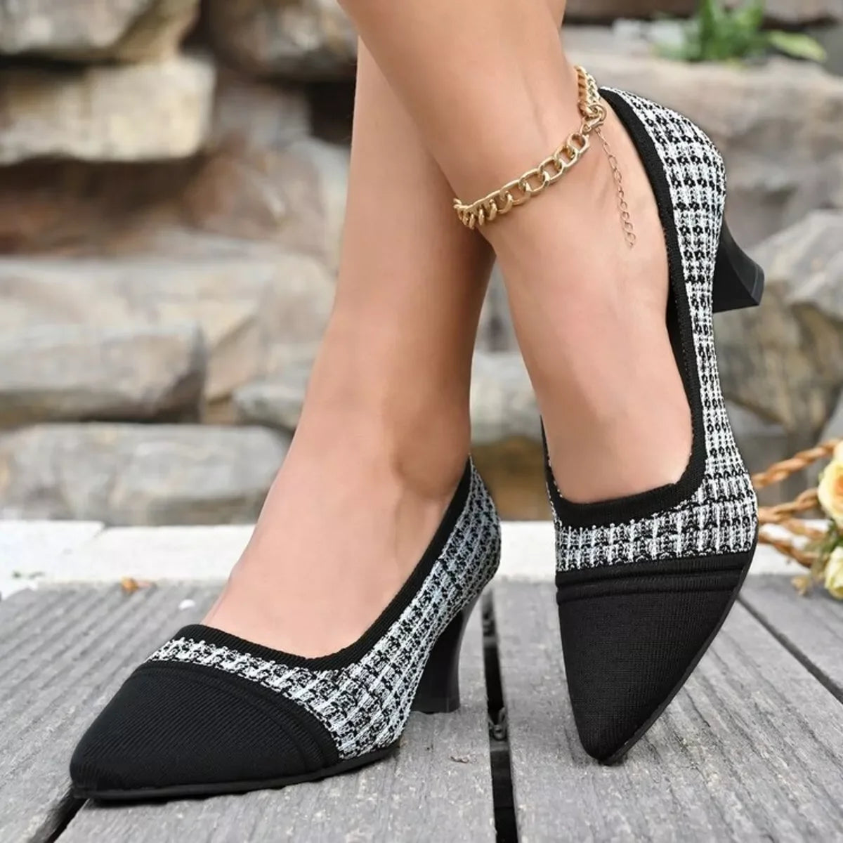 Point Toe Block Heel Pumps With Mesh Leather And Rubber - Southern Shores Clothing