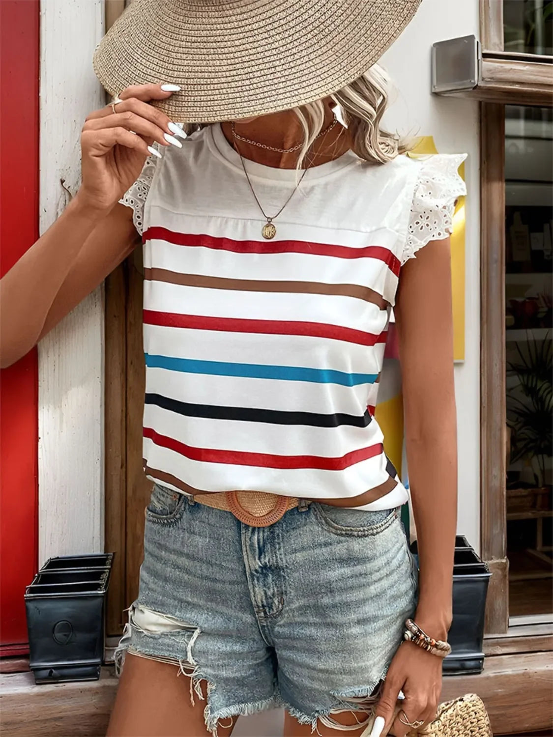 Striped Round Neck Cap Sleeve Lace Detail T Shirt - Southern Shores Clothing