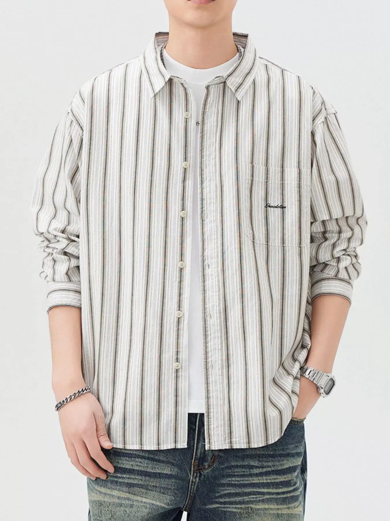 Oversized Striped Button Up Long Sleeve Cotton Shirt - Southern Shores Clothing