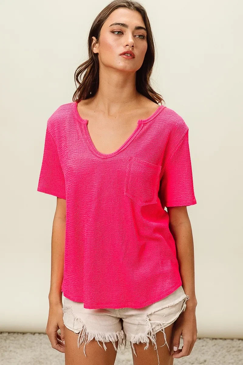 Waved Rib V Neck Top With Front Pocket Relaxed Fit - Southern Shores Clothing