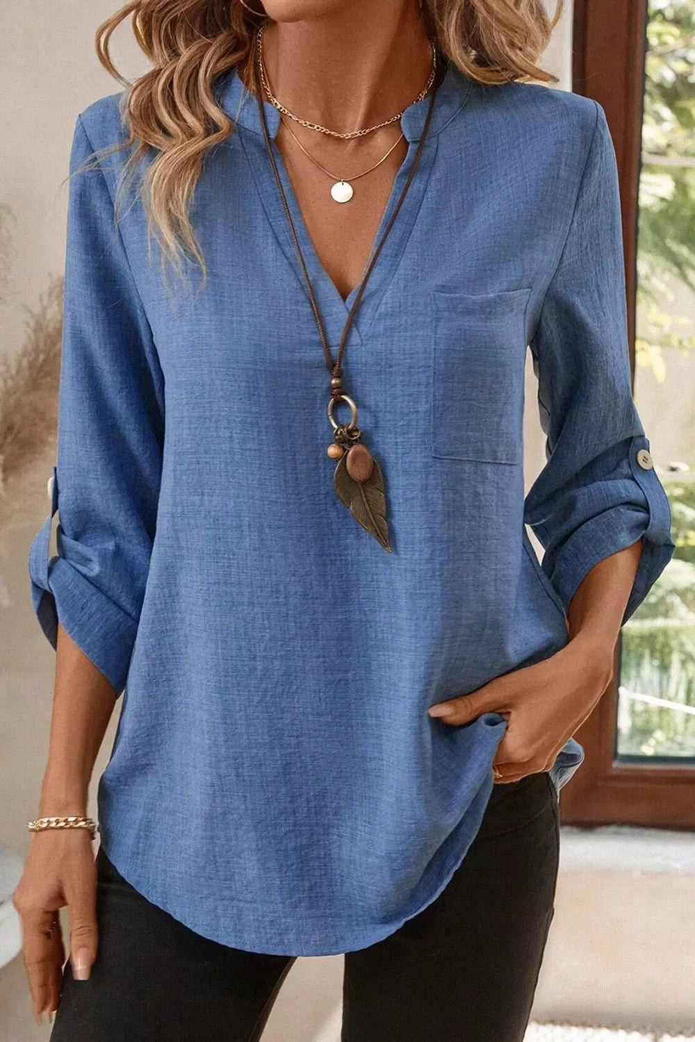 Casual Roll Up Sleeve Blouse With Notched Collar And Pocket - Southern Shores Clothing