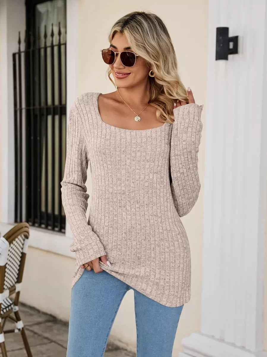 Ribbed Square Neck Long Sleeve Stretch T Shirt - Southern Shores Clothing