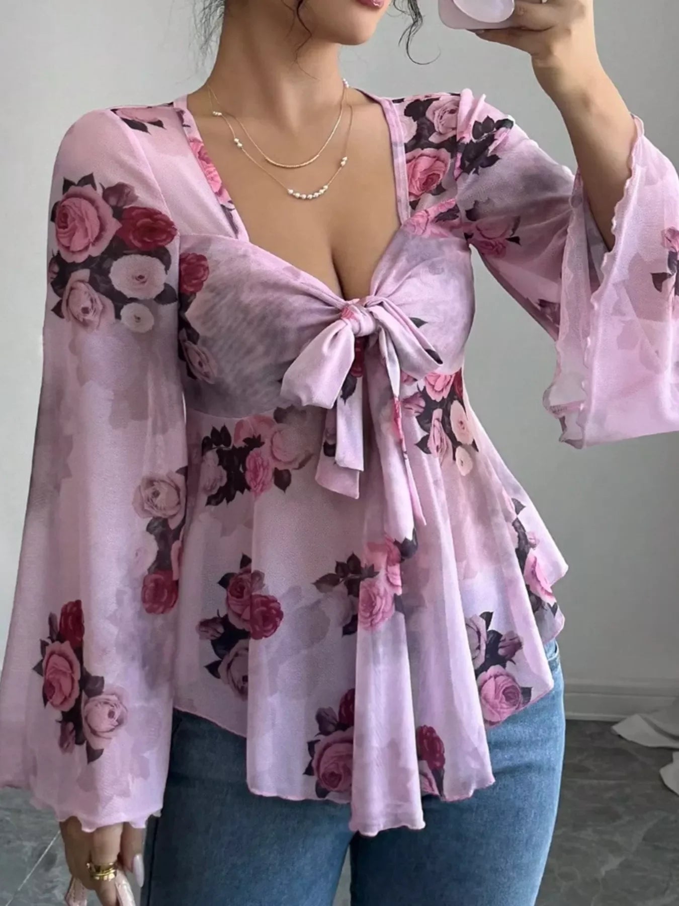 Floral Print Tie Front Flare Sleeve Blouse - Southern Shores Clothing