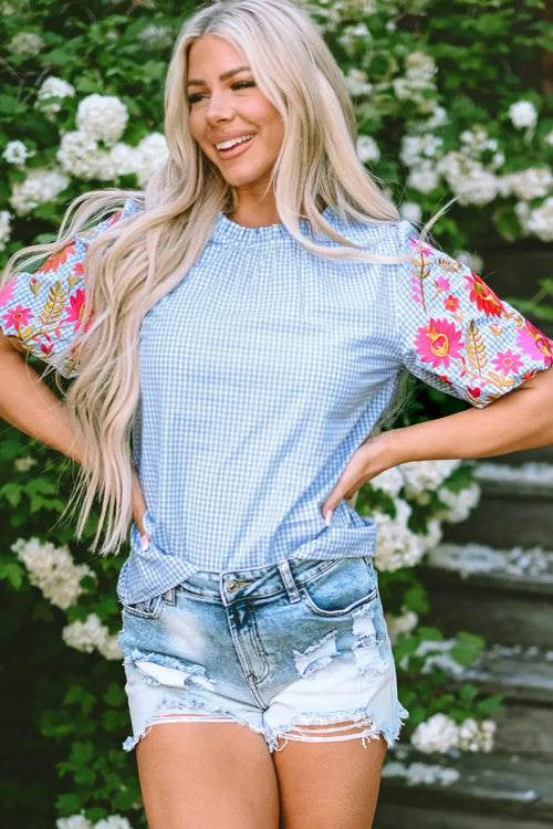 Embroidered Plaid Round Neck Short Sleeve Cotton Blouse - Southern Shores Clothing