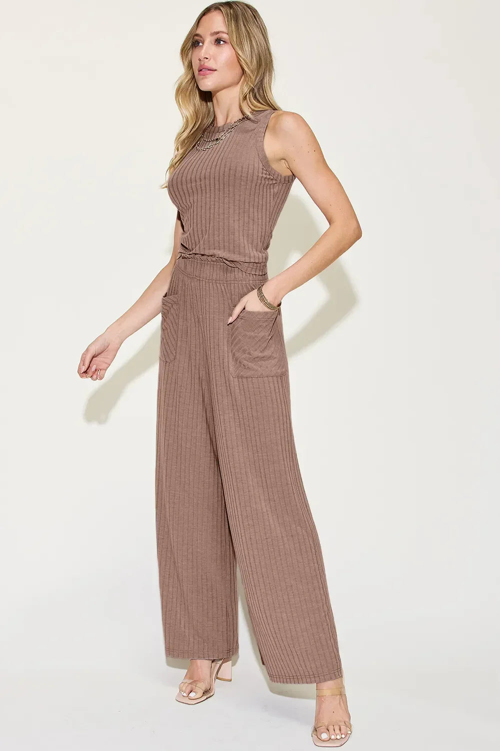 Two Piece Ribbed Tank and Wide Leg Pants Set - Southern Shores Clothing