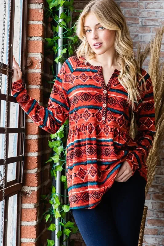 Long Sleeve Geometric Babydoll Top With Button Details - Southern Shores Clothing