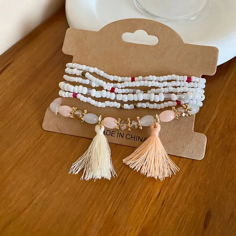Multi Strand Boho Tassel Rice Bead Bracelet With Layered Beads - Southern Shores Clothing