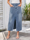 Classic Slit Midi Denim Skirt With Pockets