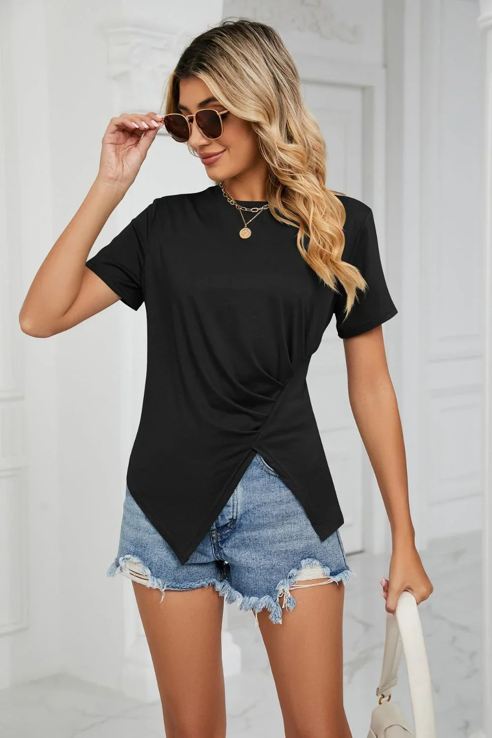 Ruched Hem Crewneck Short Sleeve T Shirt Stretchy Fabric - Southern Shores Clothing