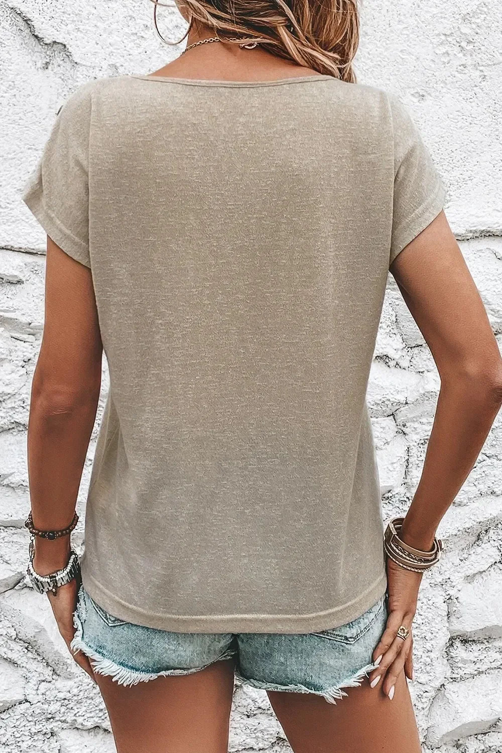 Decorative Button Graphic Round Neck Short Sleeve T Shirt - Southern Shores Clothing