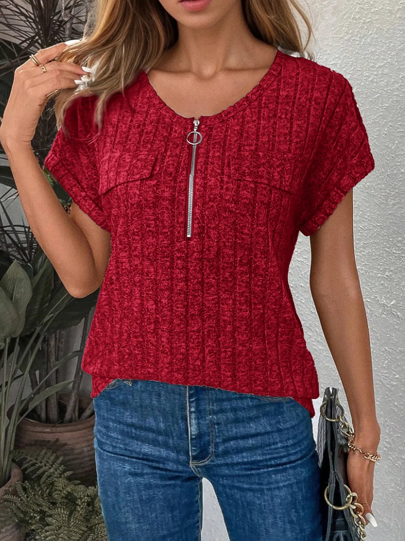 Zip-Front Ribbed Short Sleeve T-Shirt Coastal Style - Southern Shores Clothing