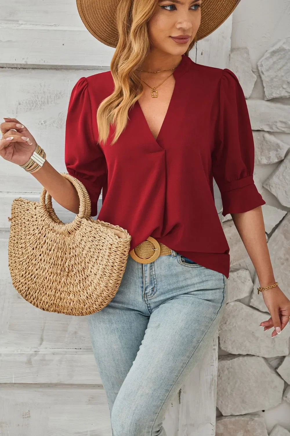 Notched Half Sleeve Blouse With Everyday Versatility - Southern Shores Clothing