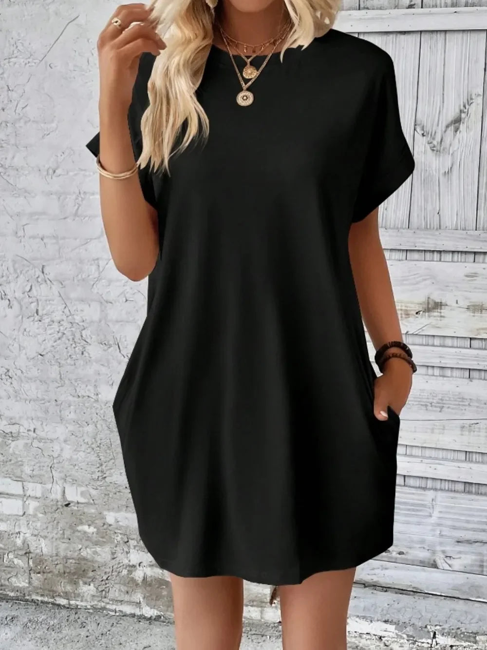 Pocketed Round Neck Short Sleeve Dress - Southern Shores Clothing