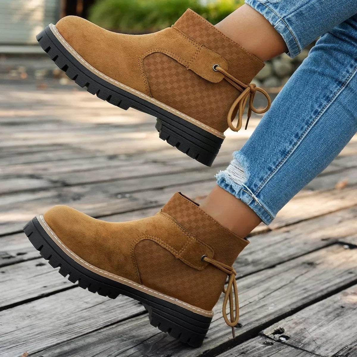 Round Toe Platform Boots Suede Rubber Mid Heel - Southern Shores Clothing