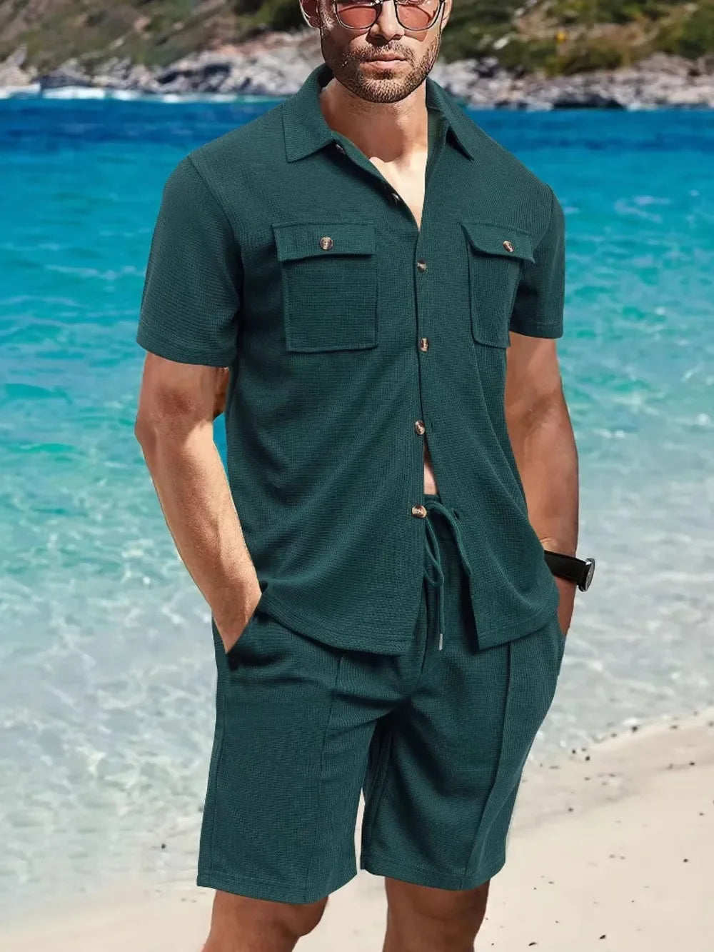 Men's Full Size Button Down Short Sleeve Top and Shorts Set Plus Size - Southern Shores Clothing