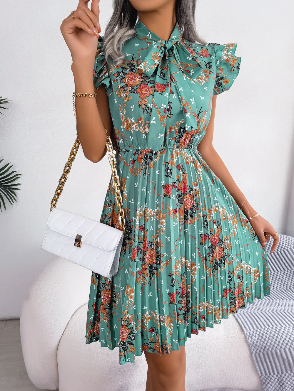 Pleated Floral Printed Tie Neck Knee Length Dress - Southern Shores Clothing