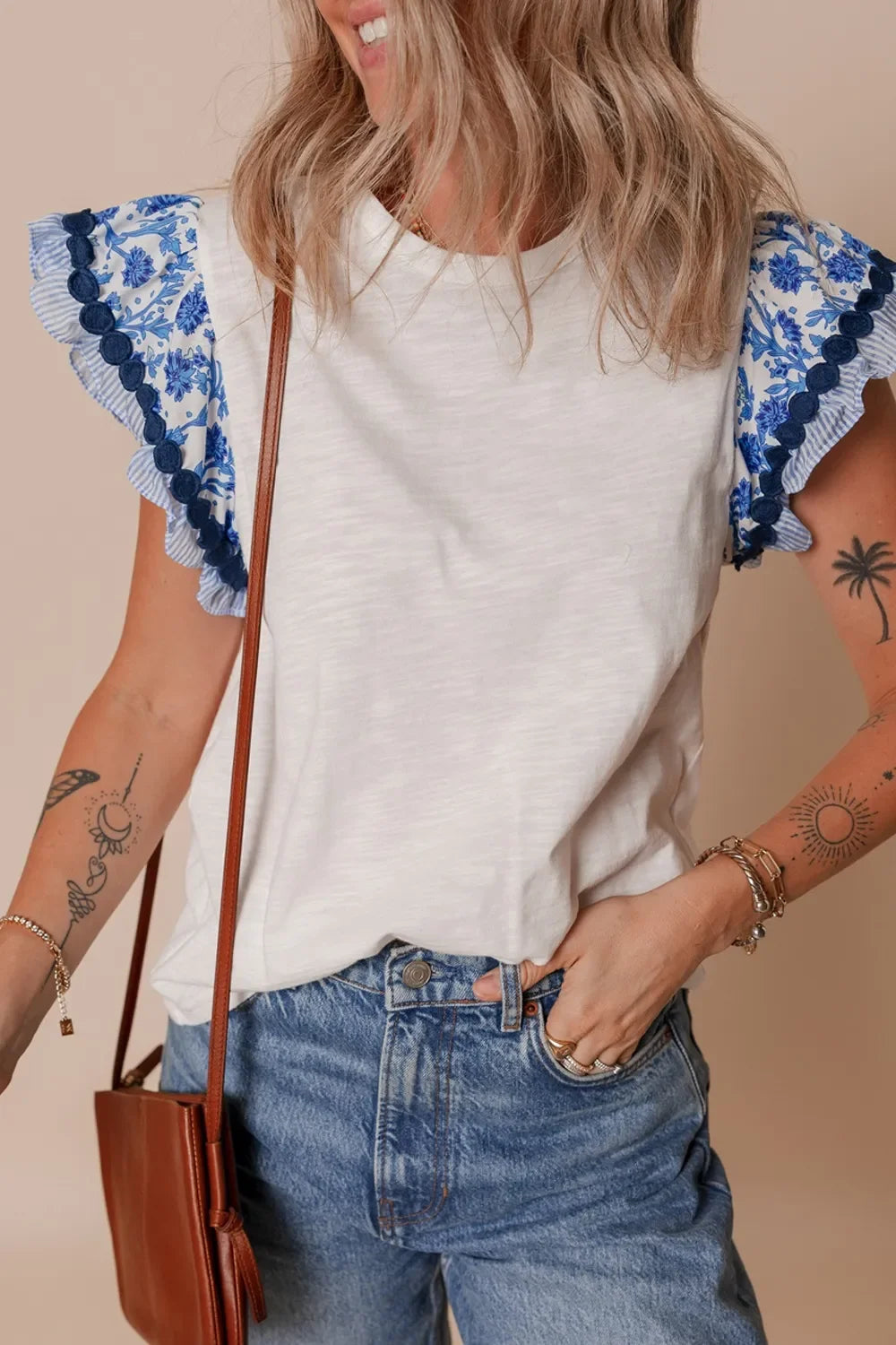 Round Neck Printed Ruffled Sheer Cap Sleeve Blouse Lightweight - Southern Shores Clothing