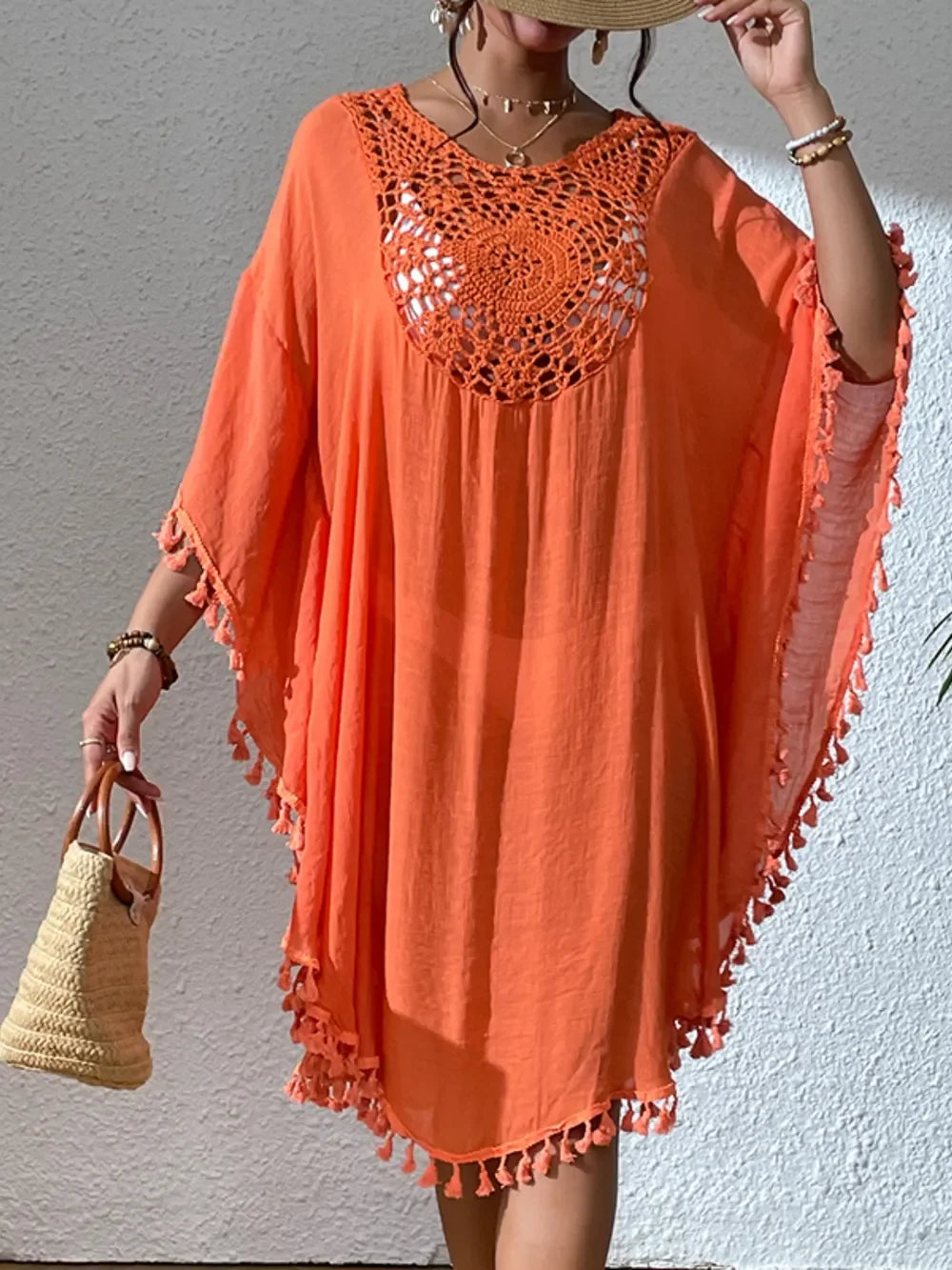 Tassel Cutout Scoop Neck Cover Up Dress One Size - Southern Shores Clothing