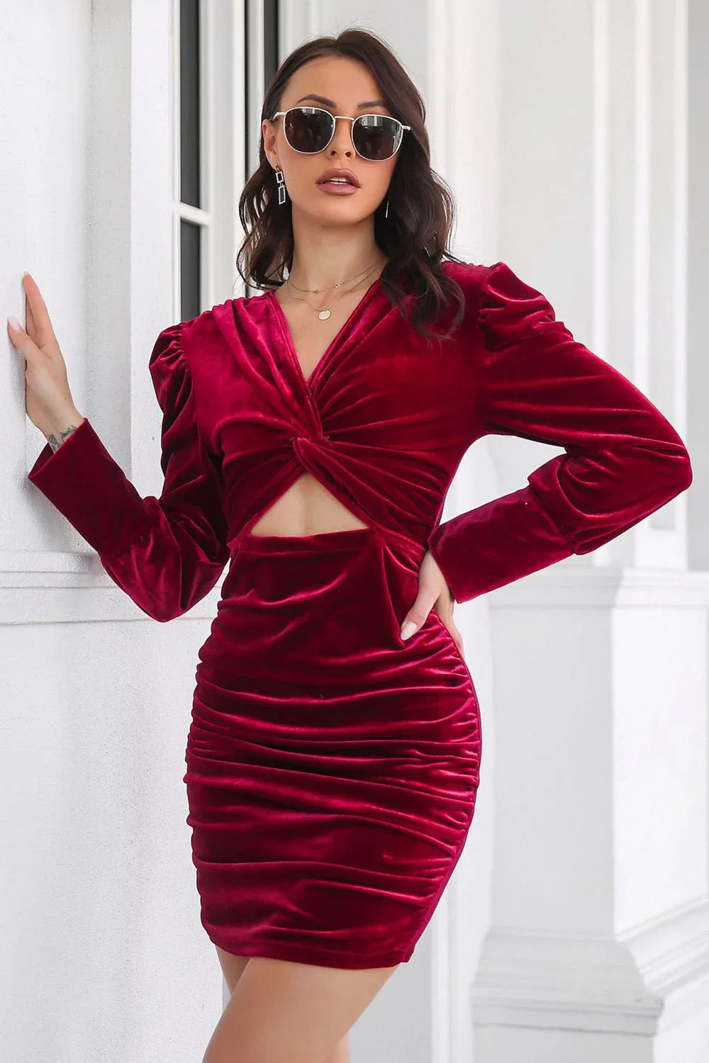 Twist Front Cutout Long Sleeve Dress Casual - Southern Shores Clothing