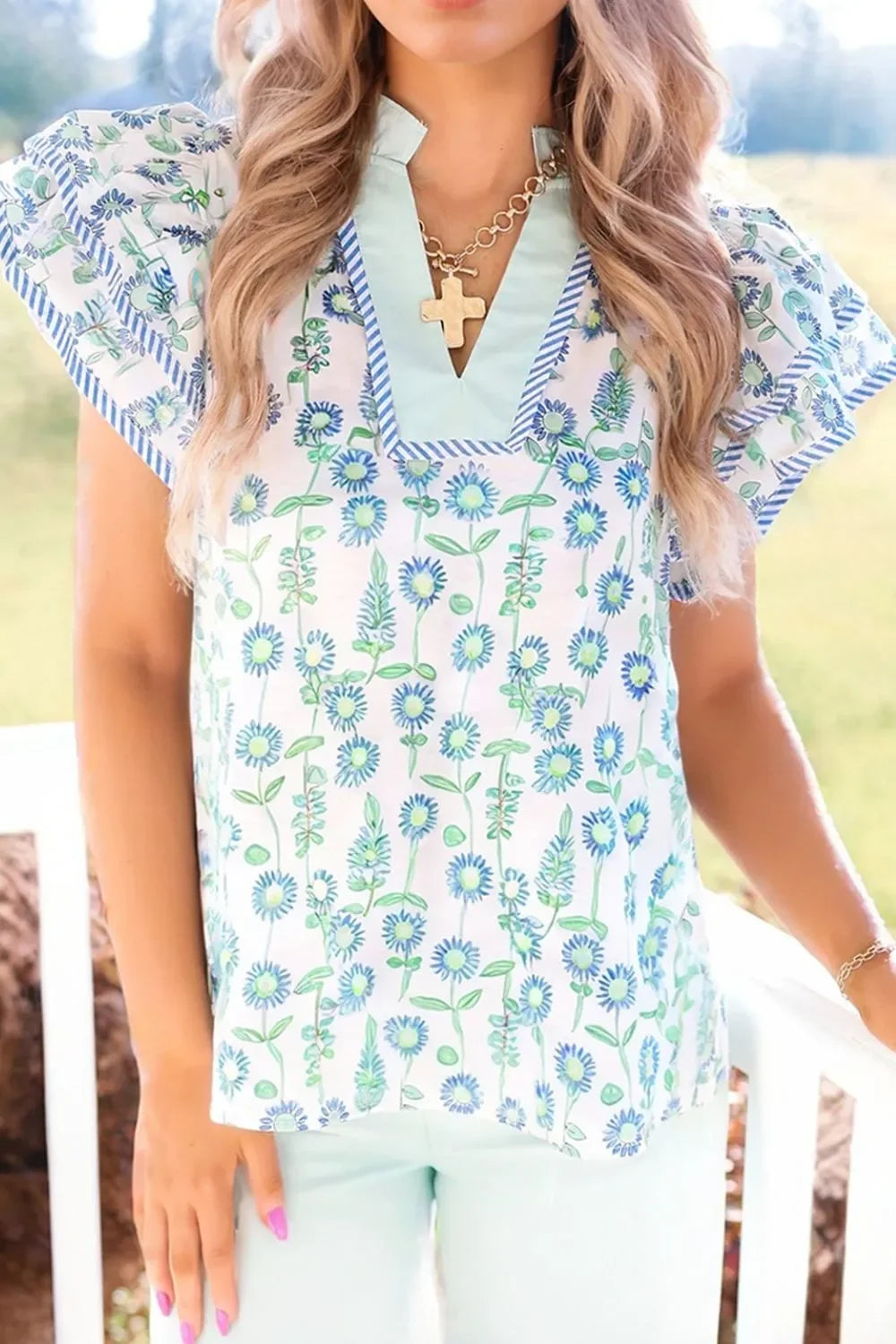 Floral Print Notched Ruffled Sleeve Blouse - Southern Shores Clothing
