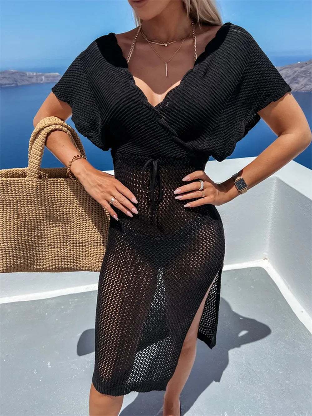 Slit Surplice Cap Sleeve Acrylic Beach Cover Up - Southern Shores Clothing