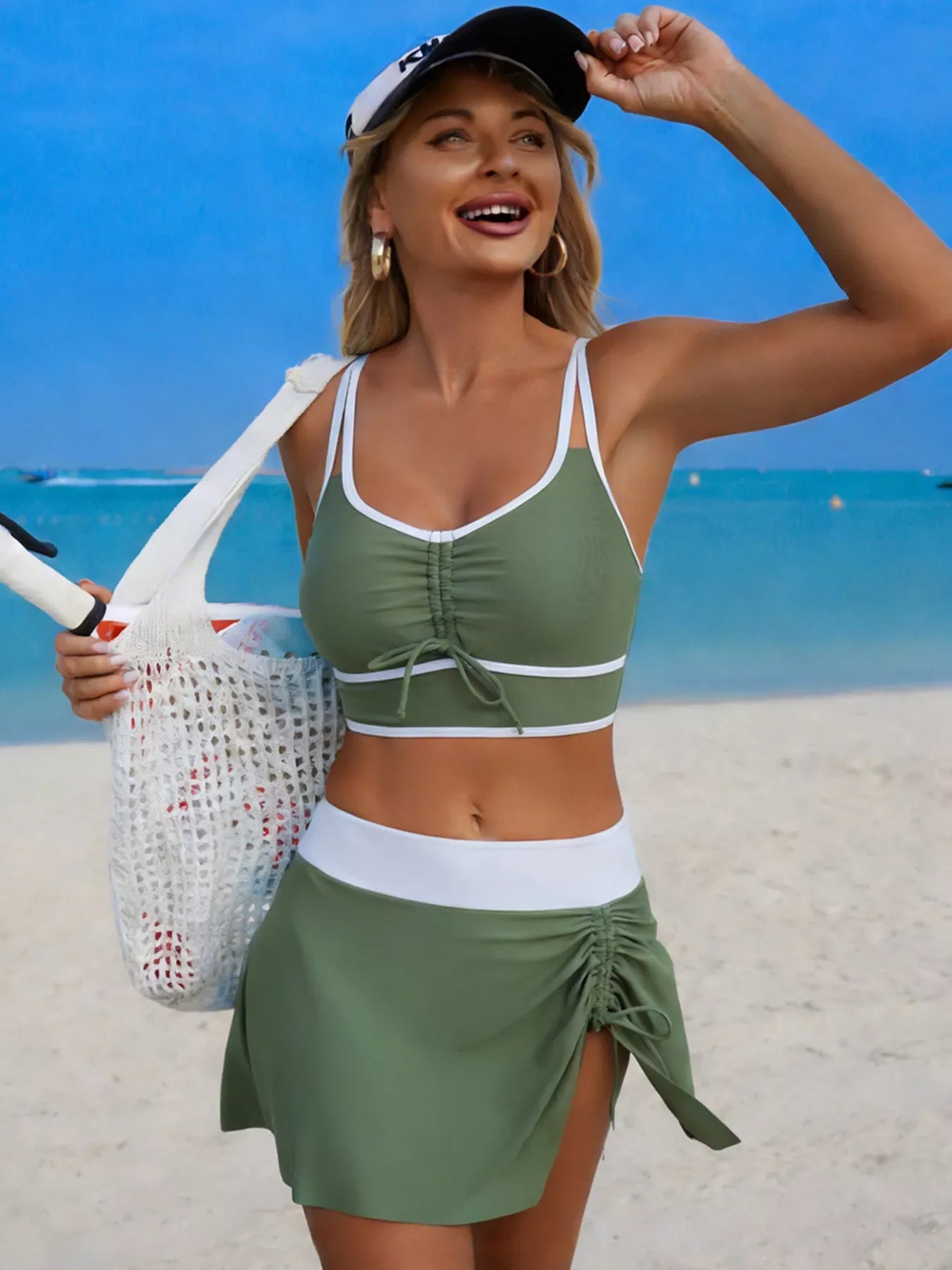 Contrast Trim Drawstring Swim Set, Three Piece With Padding - Southern Shores Clothing