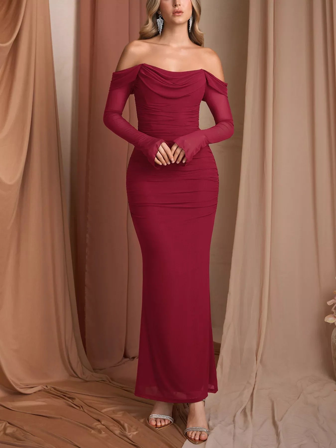 Off-Shoulder Ruched Mermaid Maxi Dress Formal - Southern Shores Clothing