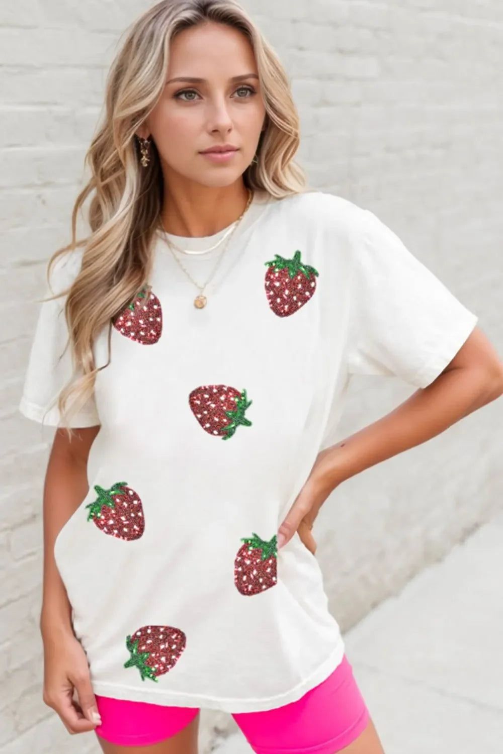 Sequin Strawberry Crew Neck Short Sleeve T Shirt - Southern Shores Clothing