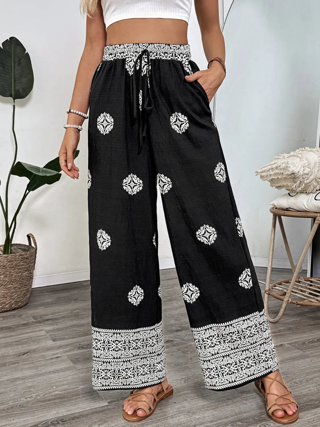 Southern Shores Boho Print Pocketed Wide Leg Pants