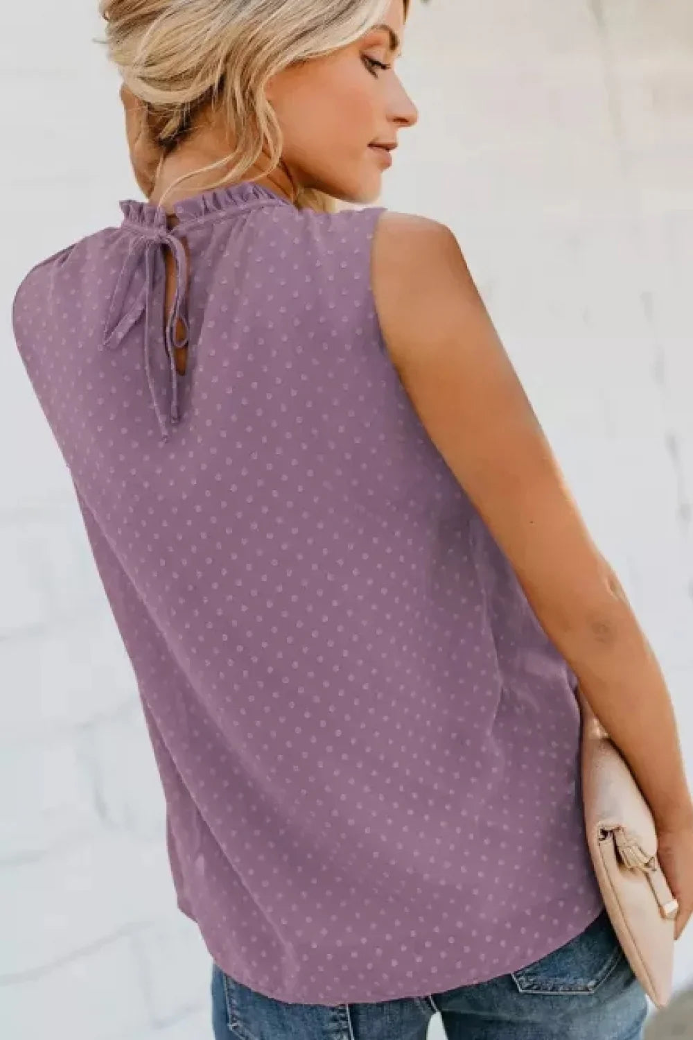 Smocked Tie Back Frill Trim Tank Top With Swiss Dot - Southern Shores Clothing
