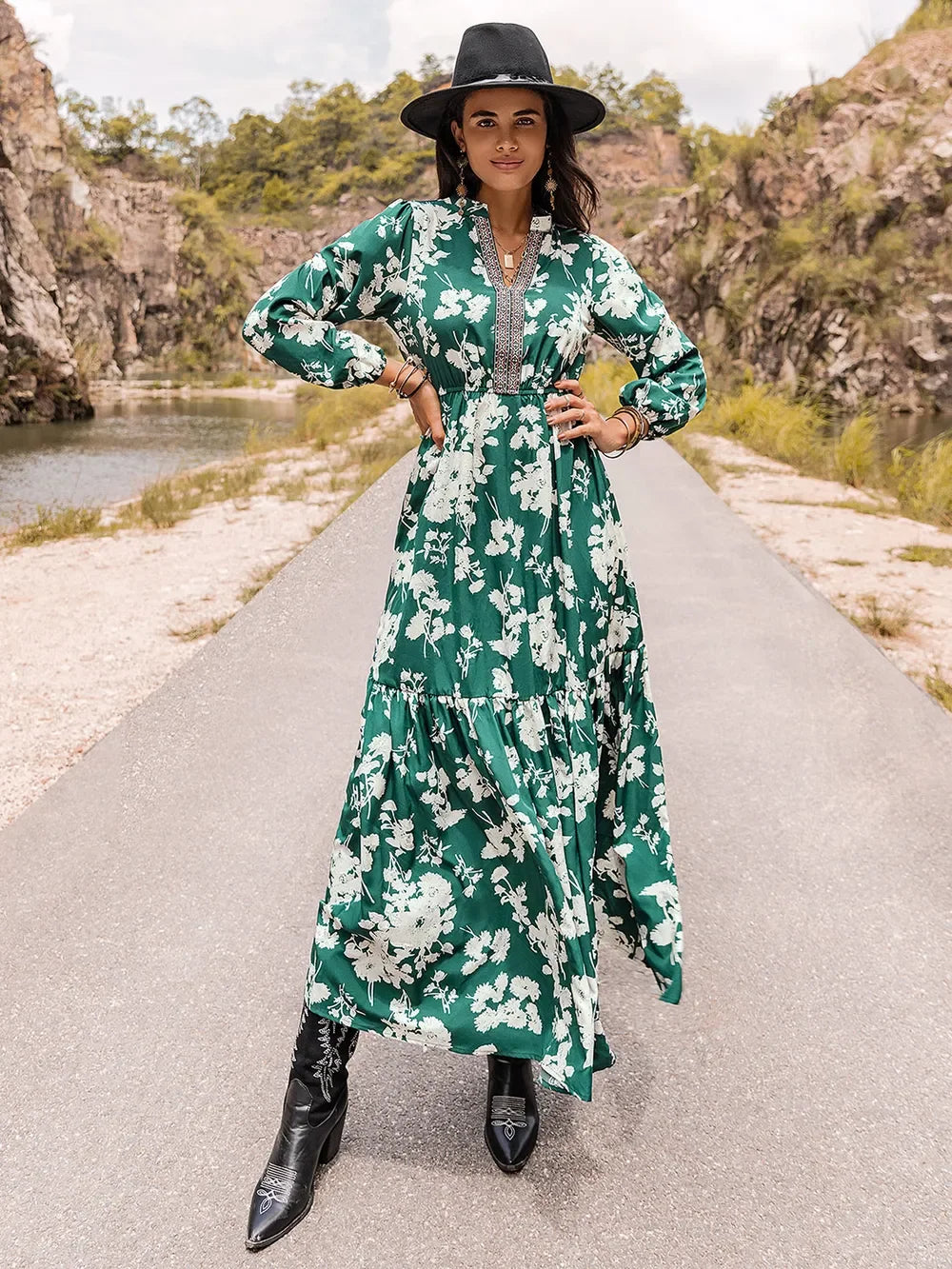 Printed Notched Neck Maxi Dress For Coastal Style - Southern Shores Clothing