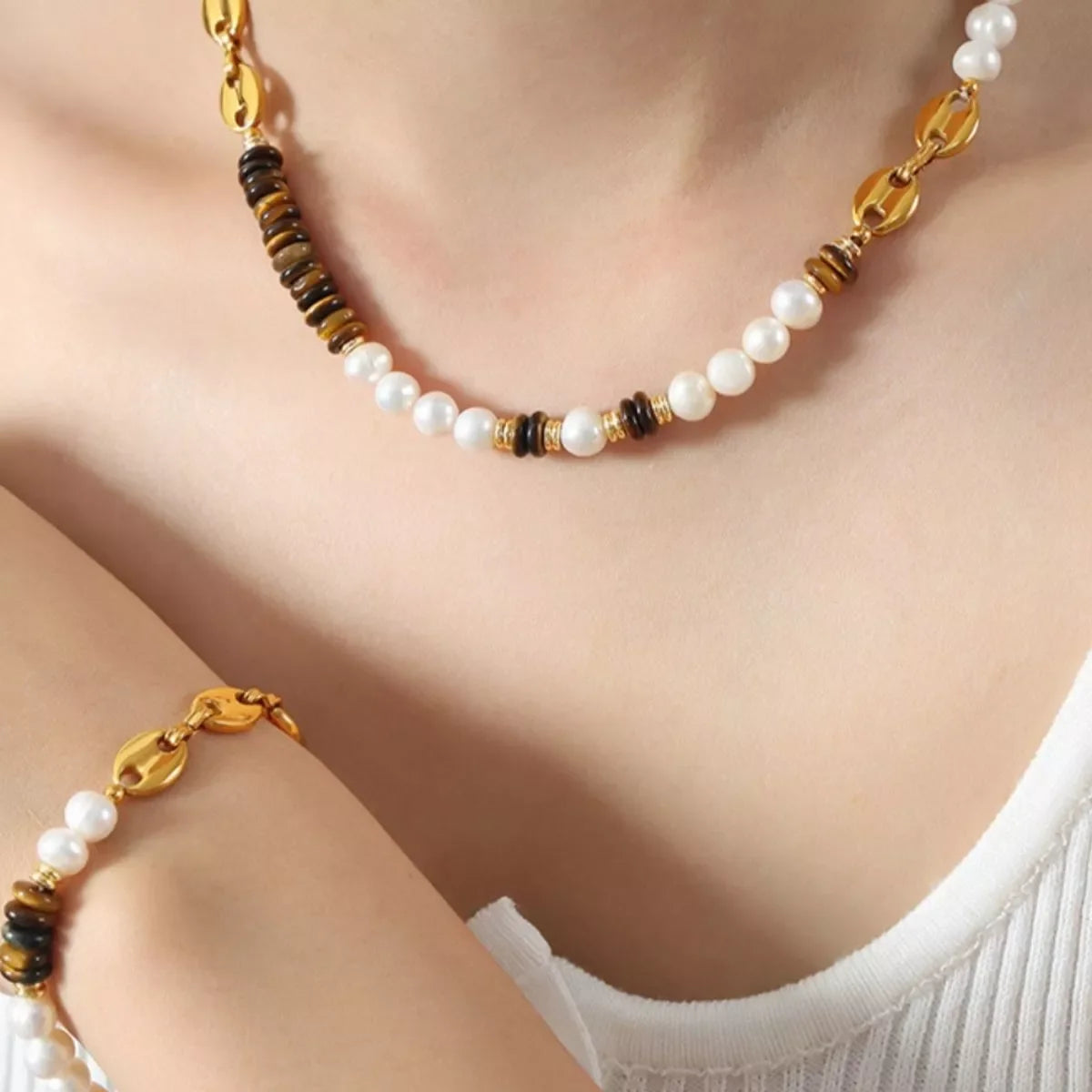 Tiger's Eye Freshwater Pearl Necklace, 18K Gold-Plated - Southern Shores Clothing