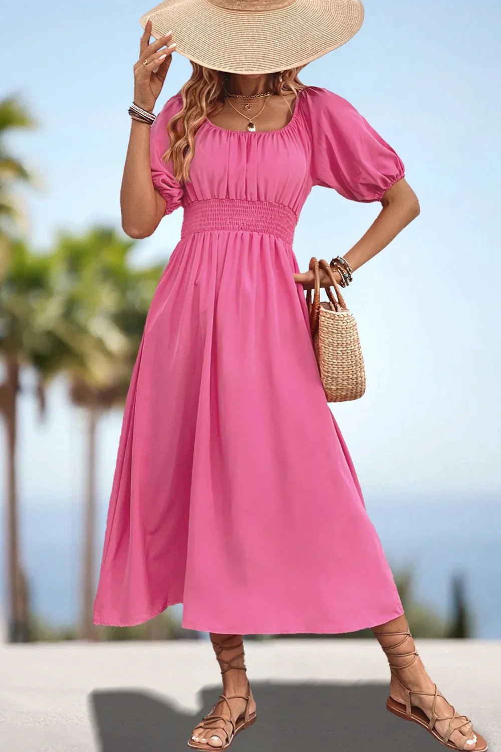 Square Neck Smocked Waist Puff Sleeve Midi Dress - Southern Shores Clothing