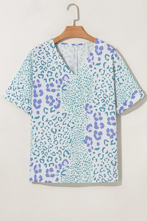 Leopard Print V Neck Short Sleeve Blouse Polyester - Southern Shores Clothing