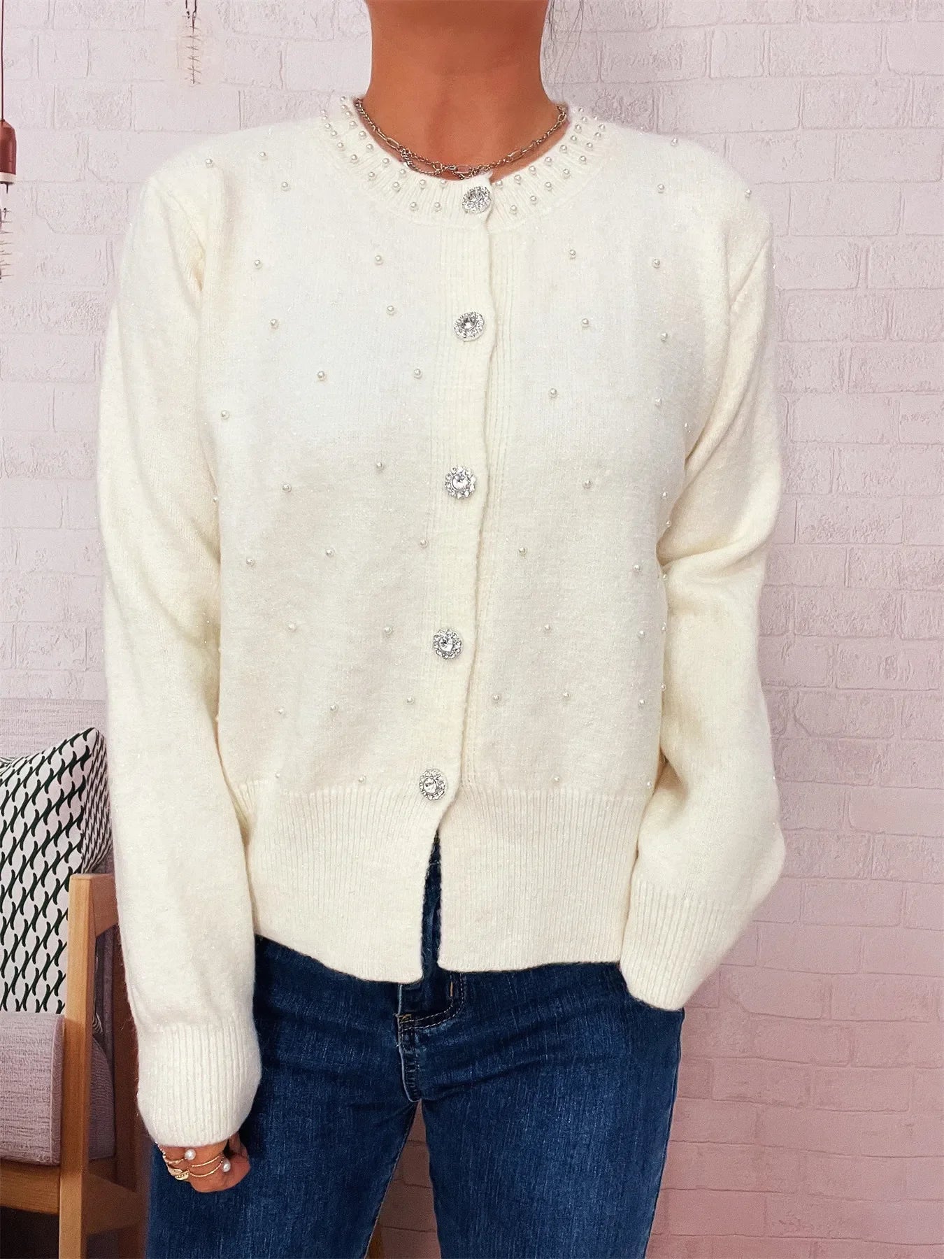 Pearl Detail Button Front Cardigan Stretch Knit - Southern Shores Clothing