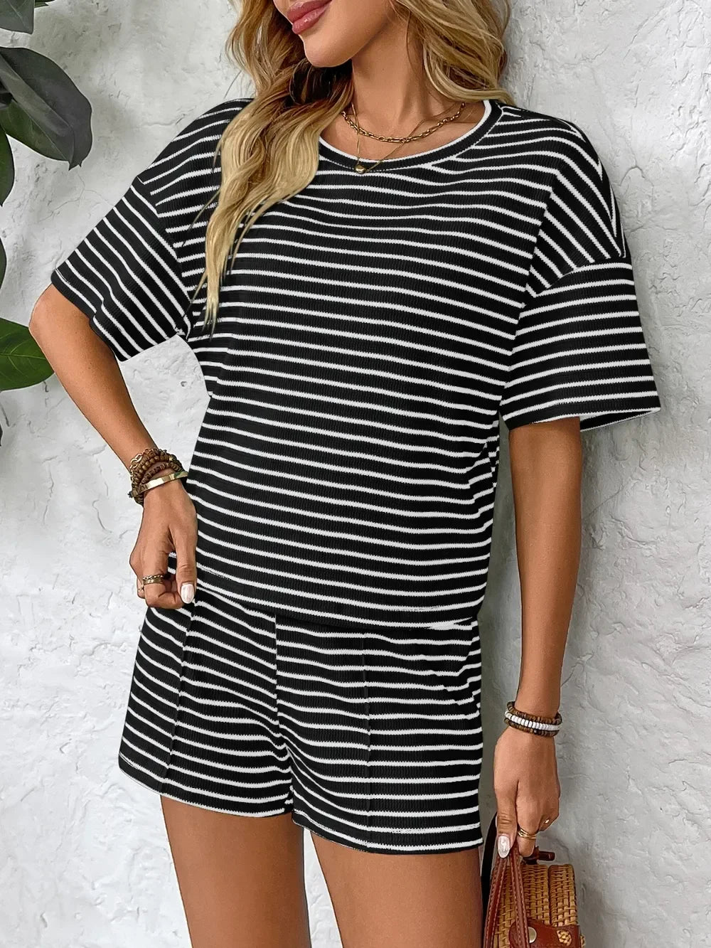 Striped Round Neck Short Sleeve Top and Shorts Set - Southern Shores Clothing