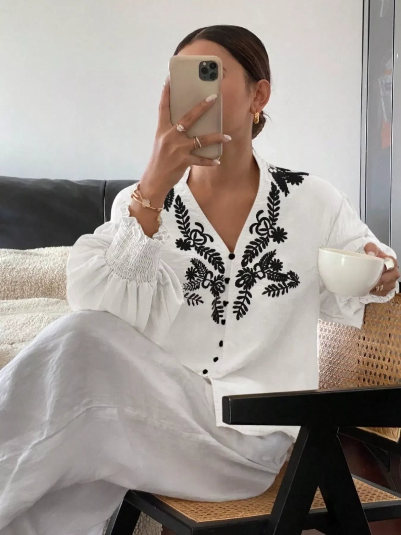 Southern Shores Elegant Embroidered Long Sleeve Buttoned Polyester Blouse With Je T'aime Design - Southern Shores Clothing