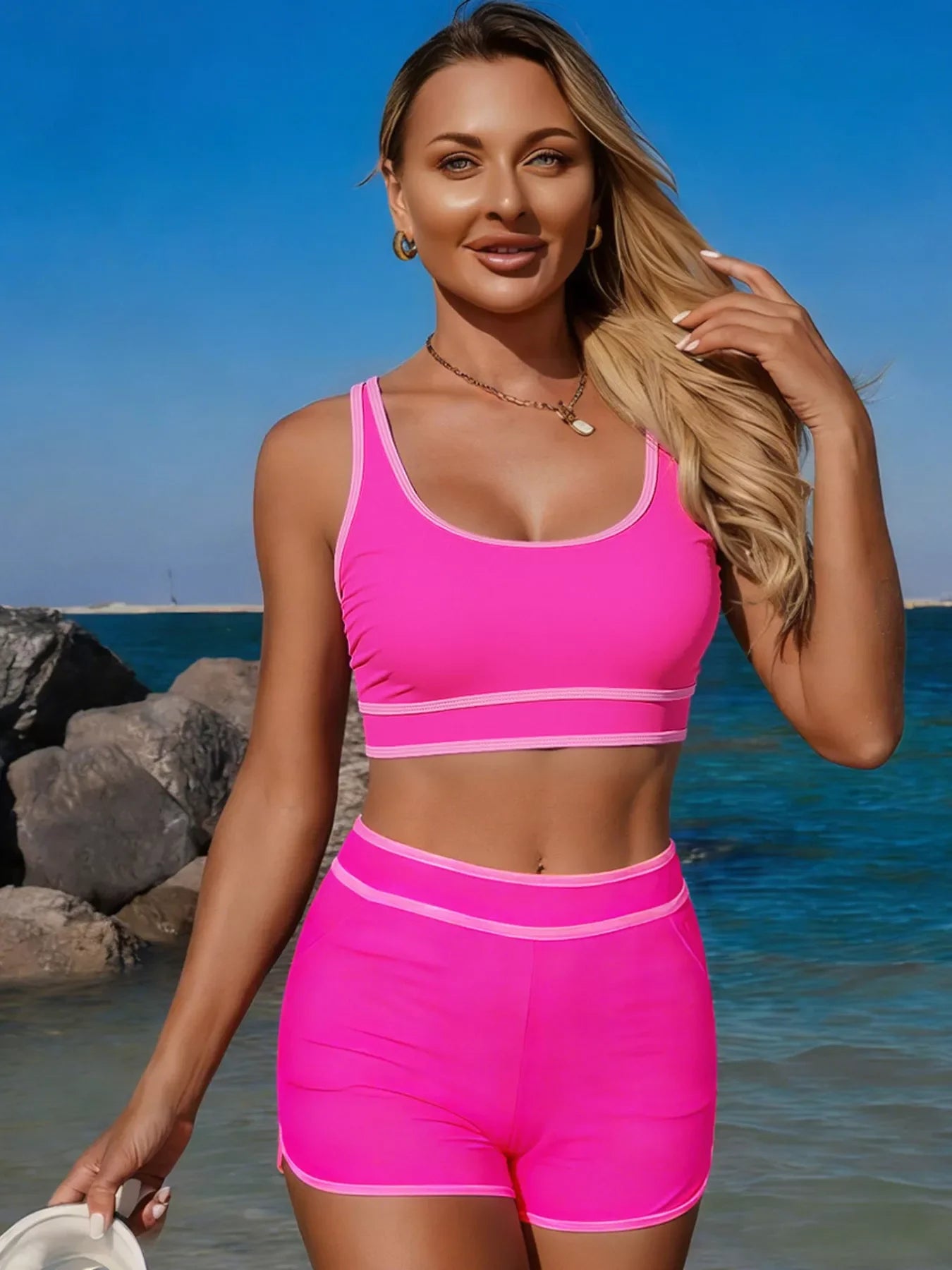 Scoop Neck Two Piece Swim Set With Contrast Trim And Pads - Southern Shores Clothing