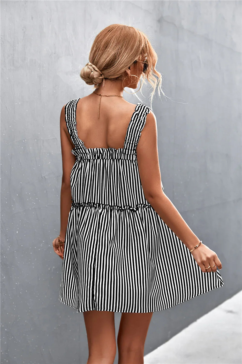 Casual Striped Frill Trim Square Neck Dress - Southern Shores Clothing