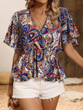 Printed Surplice Half Sleeve Blouse Casual Top - Southern Shores Clothing