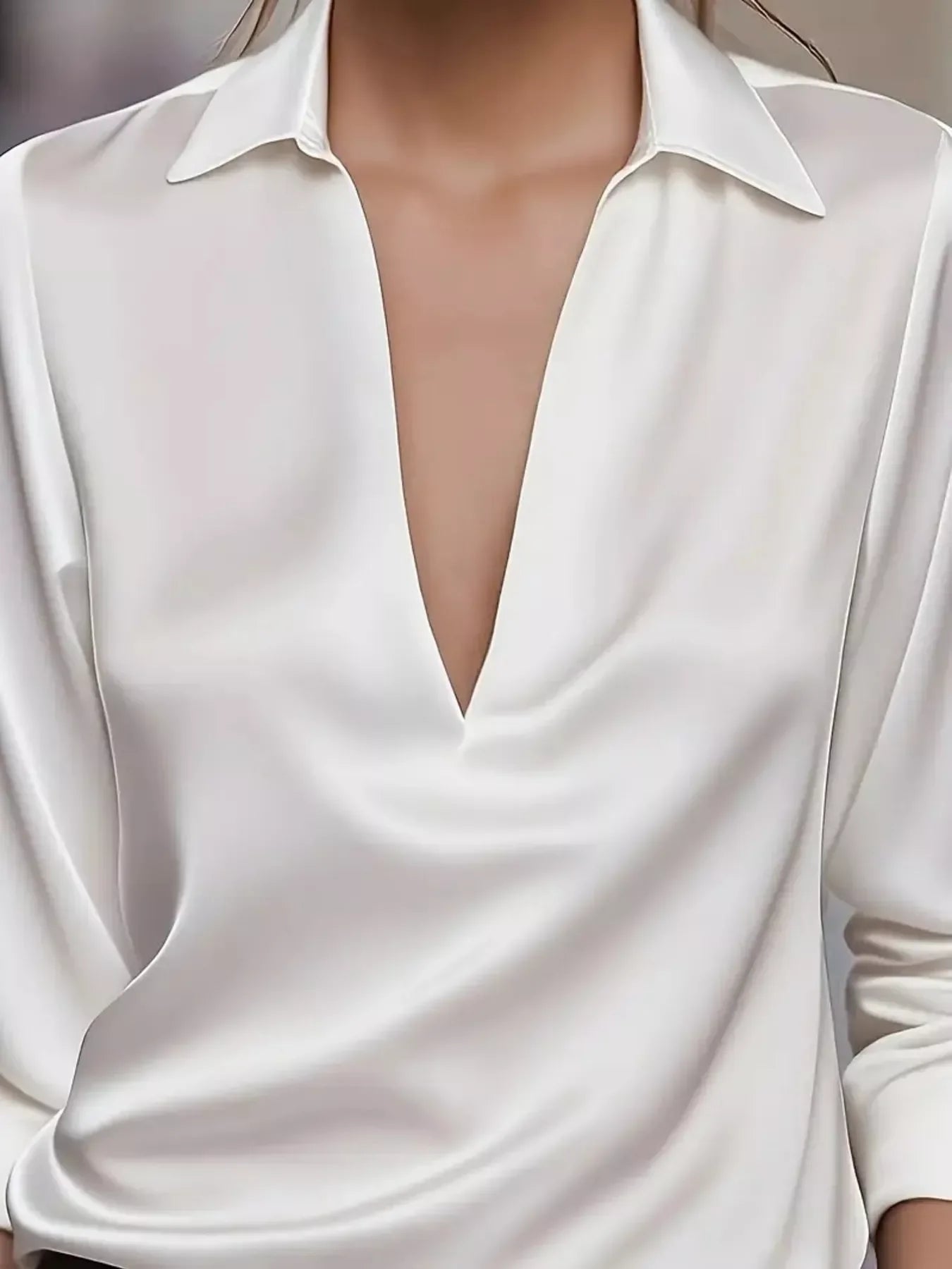 Satin Johnny Collar Long Sleeve Blouse Relaxed Fit - Southern Shores Clothing