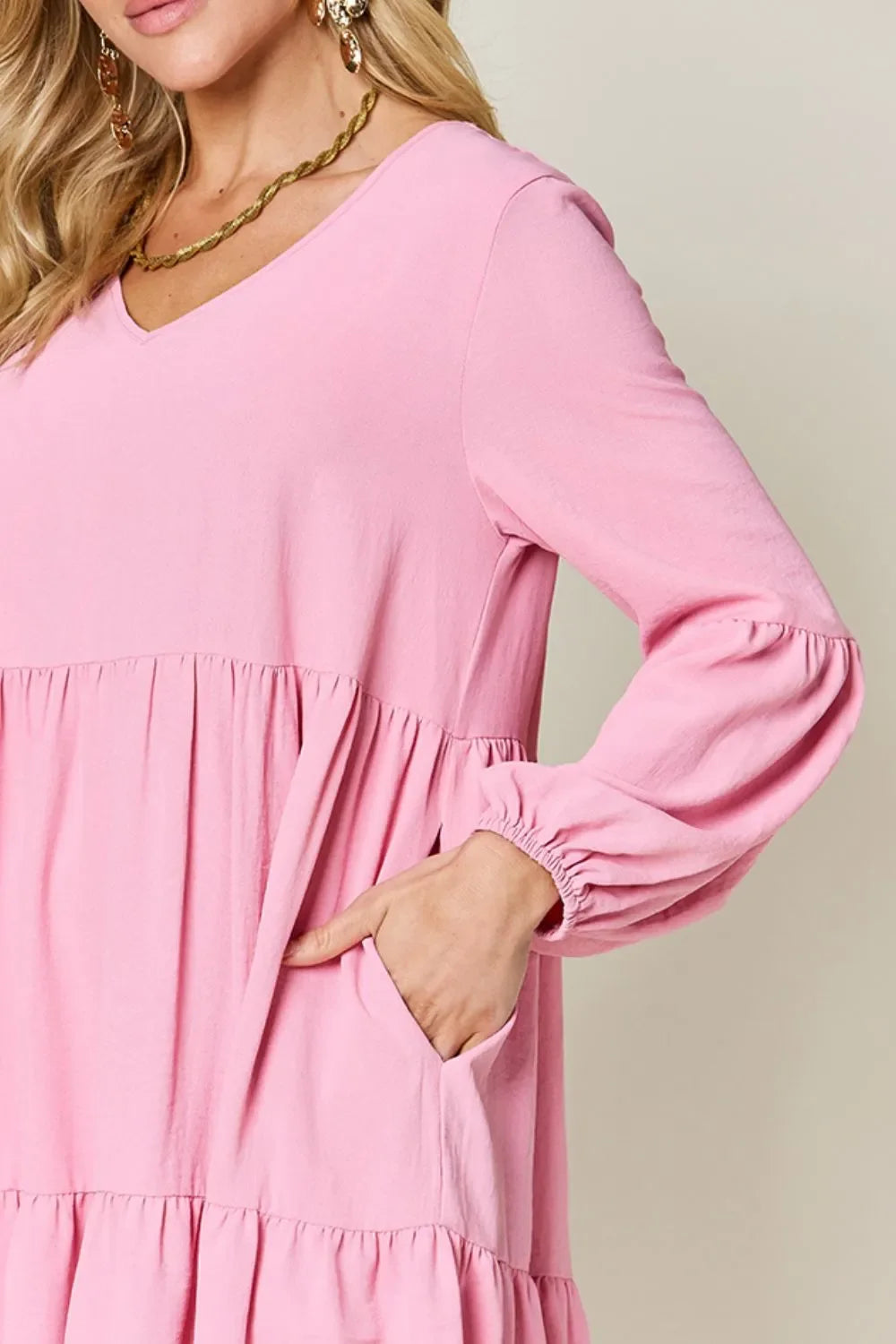 V Neck Balloon Sleeve Tiered Dress With Pockets - Southern Shores Clothing
