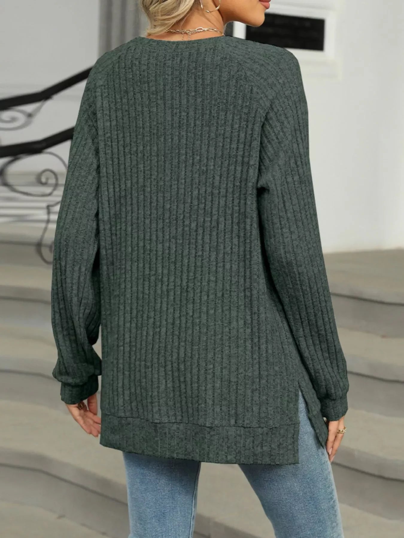 Round Neck Side Slit Ribbed Knit Top with Asymmetric Button Detail - Southern Shores Clothing