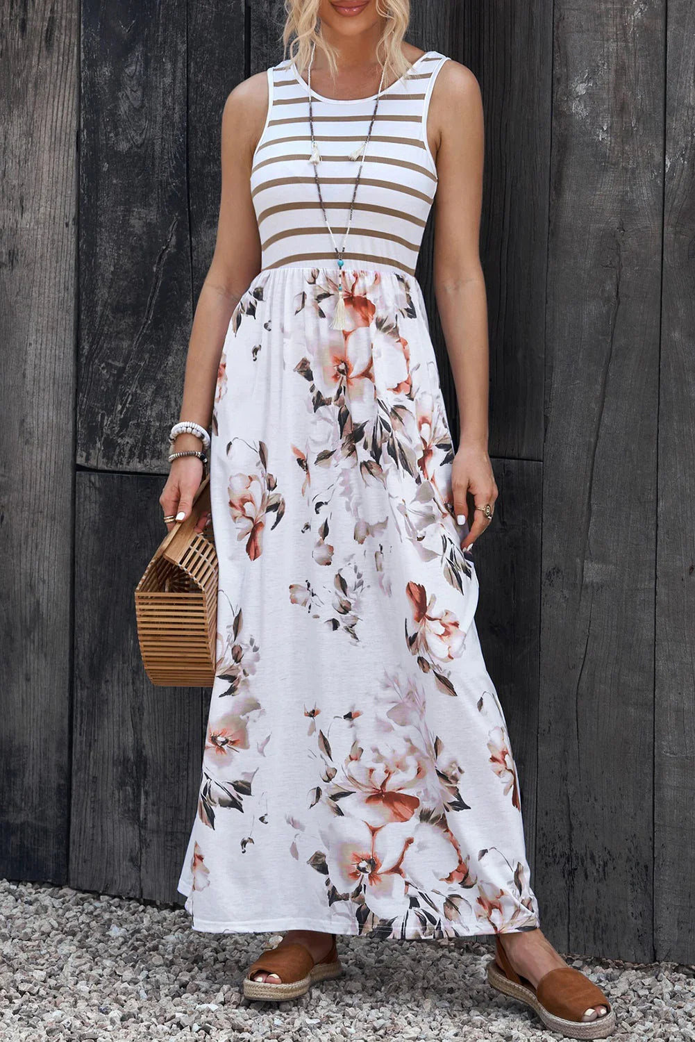 Striped Floral Round Neck Sleeveless Maxi Dress - Southern Shores Clothing