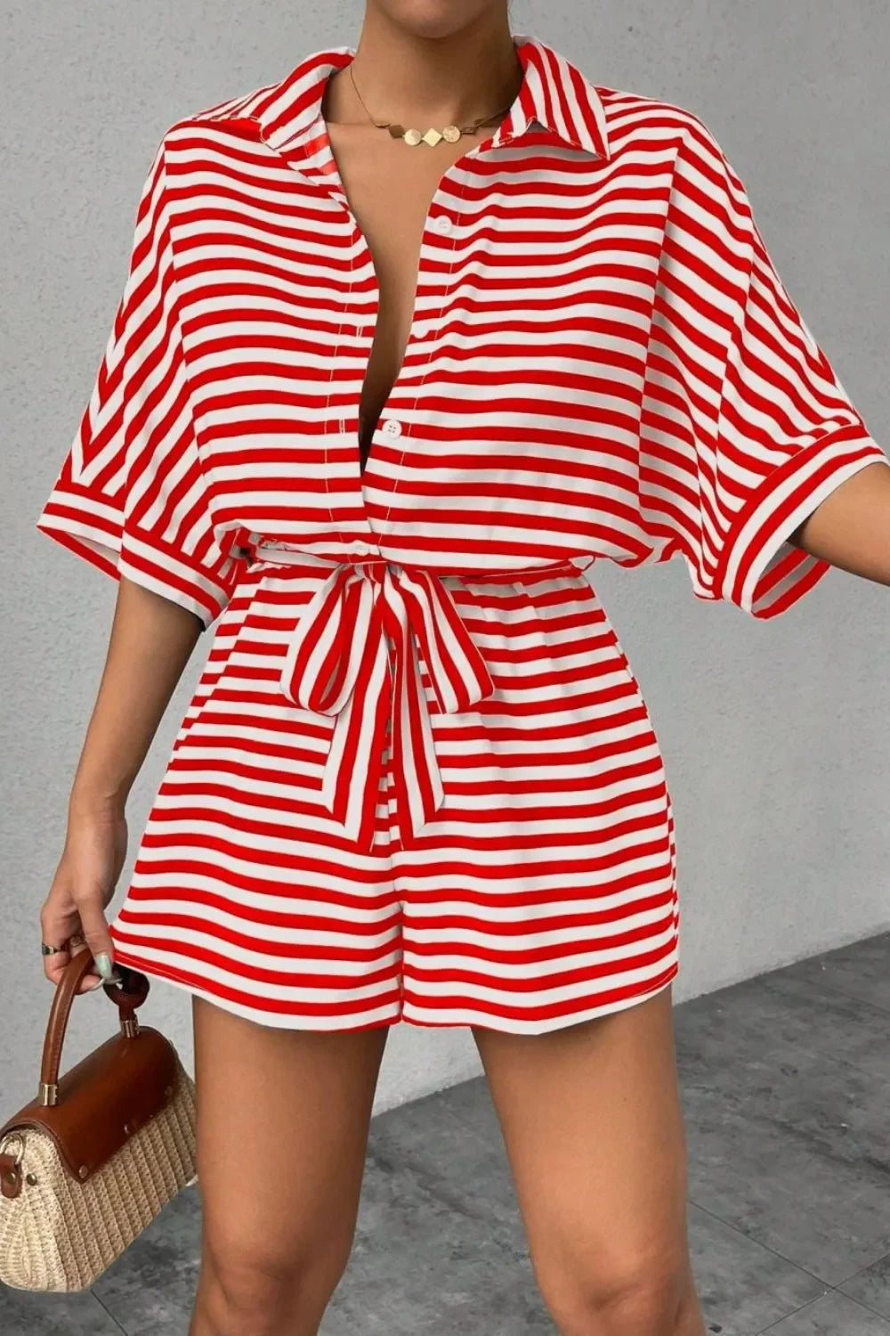Striped Collared Neck Tie Waist Romper Relaxed Fit - Southern Shores Clothing