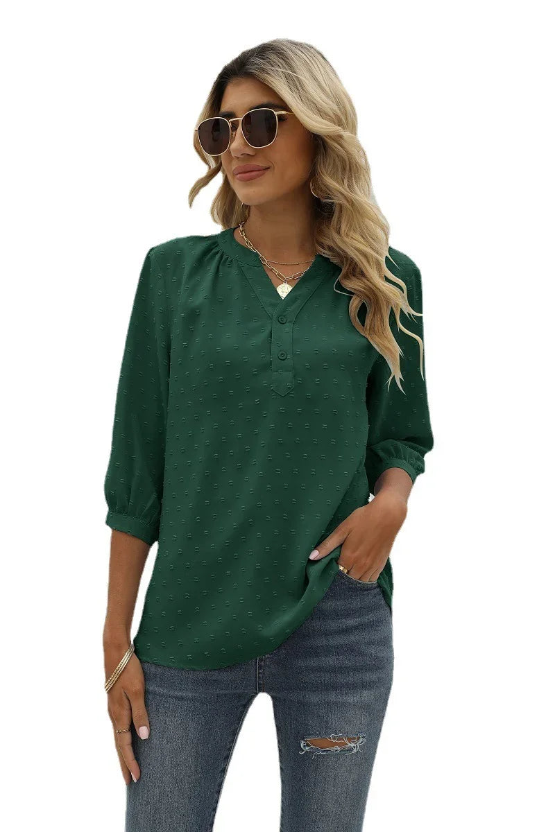 Swiss Dot Notched Neck Three-Quarter Sleeve Blouse - Southern Shores Clothing