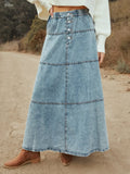 Button Front Tiered Maxi Denim Skirt Flowing - Southern Shores Clothing