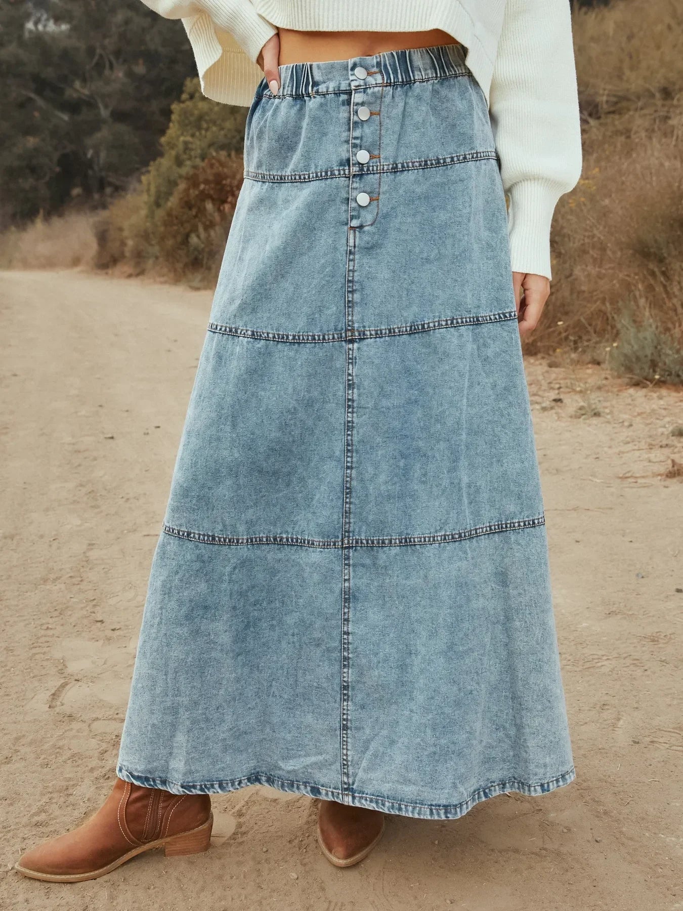 Button Front Tiered Maxi Denim Skirt Flowing - Southern Shores Clothing